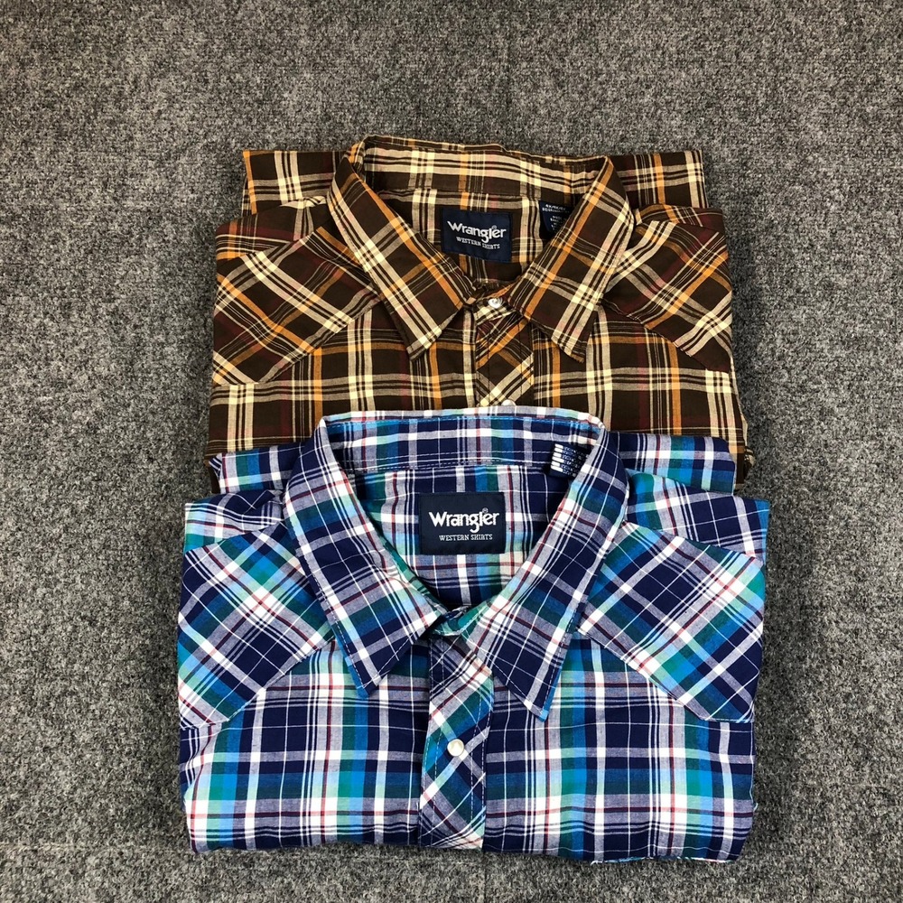 Wrangler Western Shirt Mens 4X Blue Green Plaid Pearl Snap Short Sleeve Big Tall - Picture 13 of 14